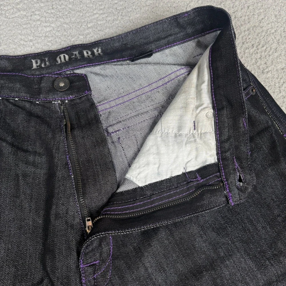 PJ Mark Jean Shorts Mens 38 Black Purple Stitch Jorts Y2K Baggy Hip Hop Skater